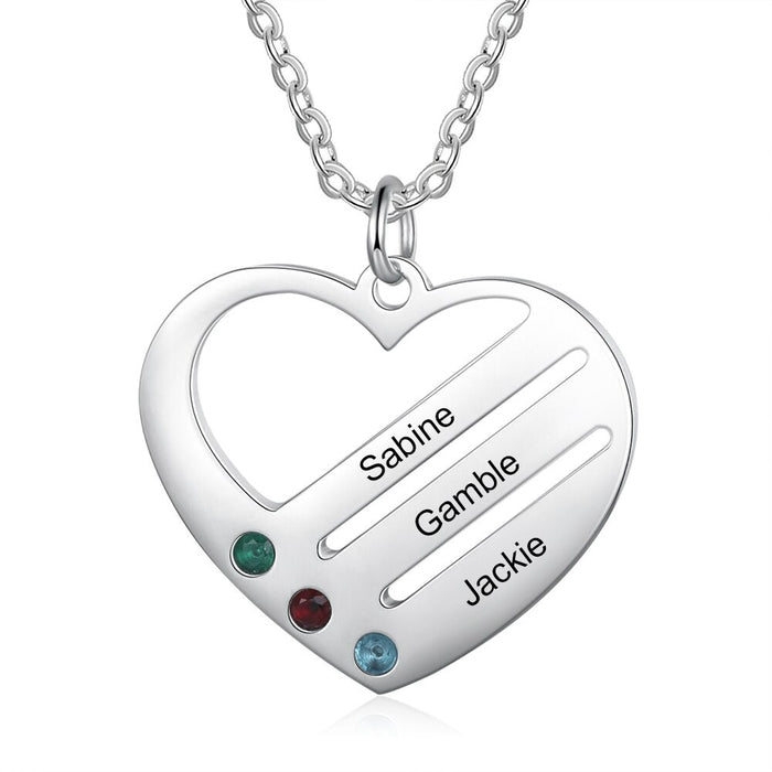 3 Names And 3 Stones Personalized Engraved Names Heart-Shaped Necklace