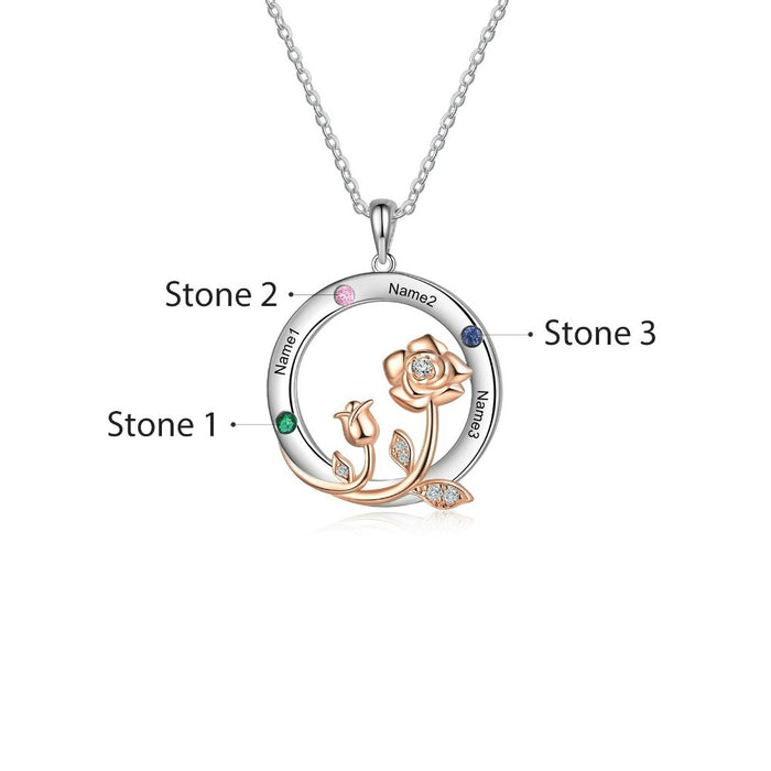 3 Stones Customized Romantic Rose Circle Necklaces