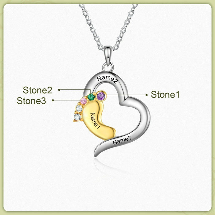 Personalized Baby Feet Heart-Shaped Necklace Of 3 Stones