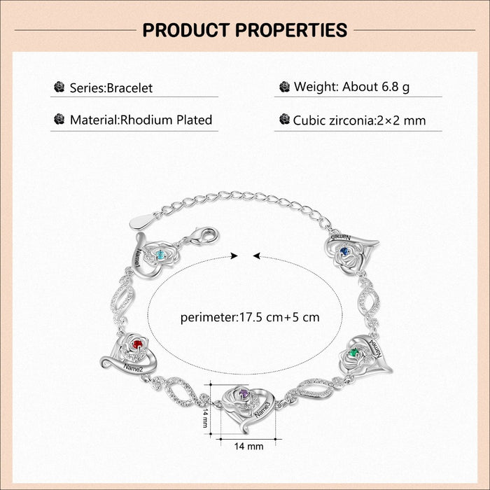 Personalized Cordate Chain Bracelets With 3 Birthstones