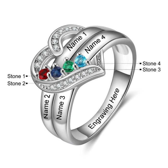 Sterling Silver Personalized 4 Names And Birthstones Engraved Ring
