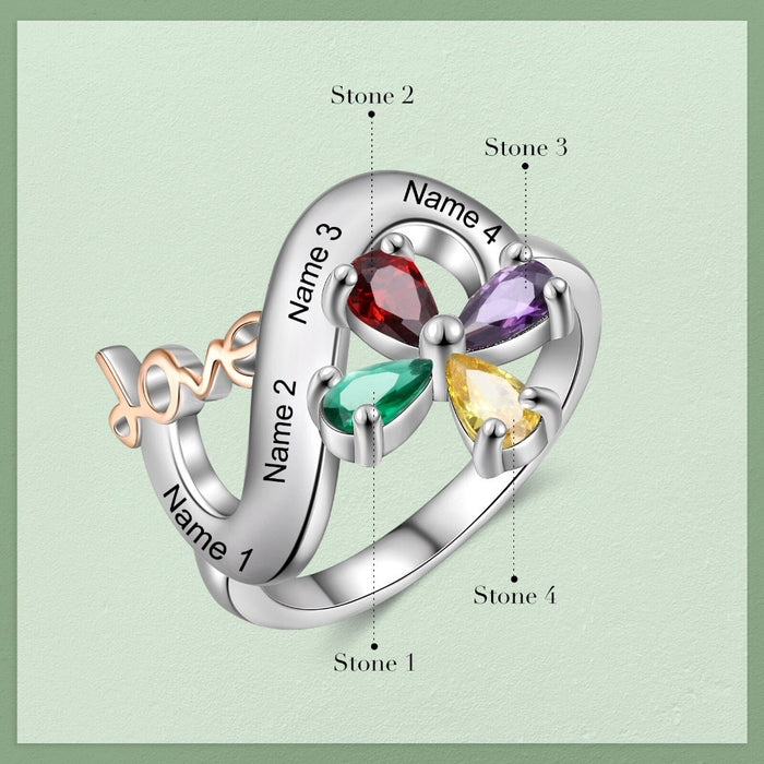 Personalized 4 Names And Stones Engraved Ring For Women