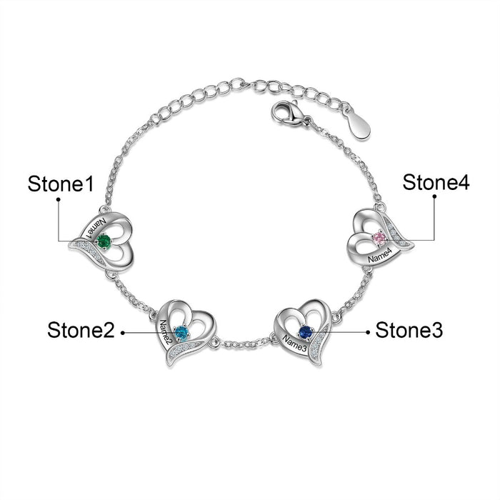Personalized Cordate Charm Bracelets With 4 Birthstone