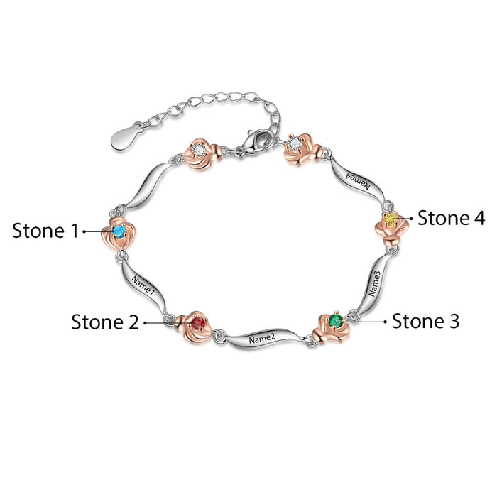 Customized 4 Birthstone Rose Flower Bracelet For Women