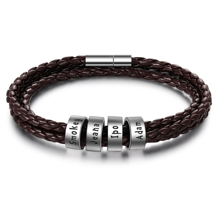 Personalized 4 Names Brown Braided Rope Leather Bracelet