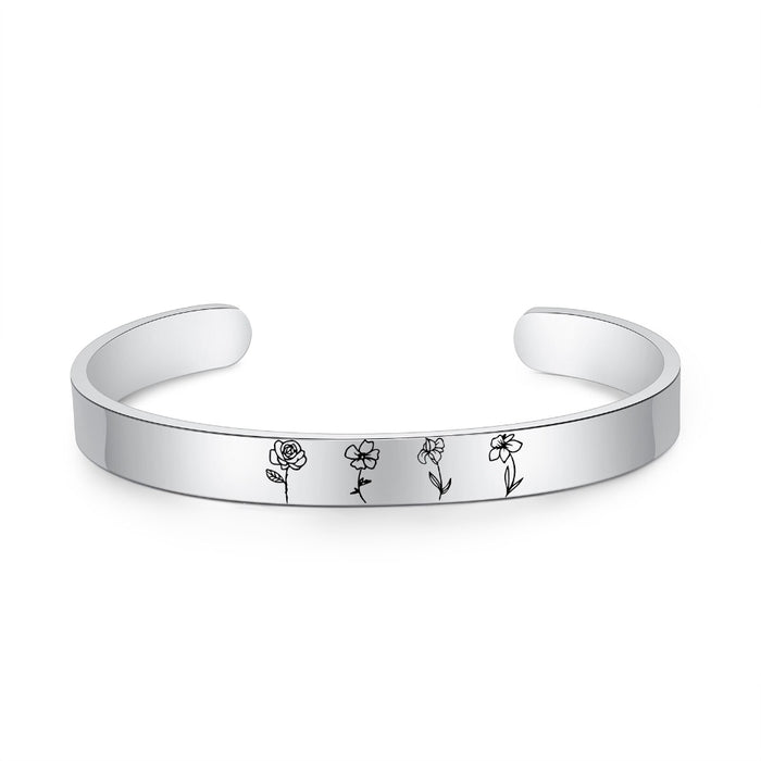 Personalized Engraved 4 Birth Flower Cuff Bracelet