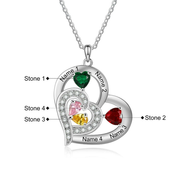 Personalized 4 Names And Birthstones Engraved Heart-Shaped Pendant