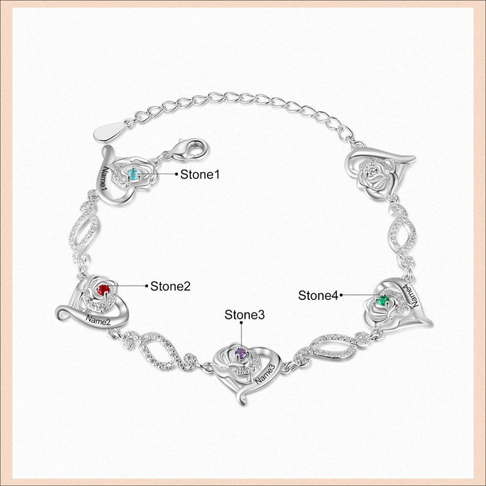 Personalized Cordate Chain Bracelets With 4 Birthstones