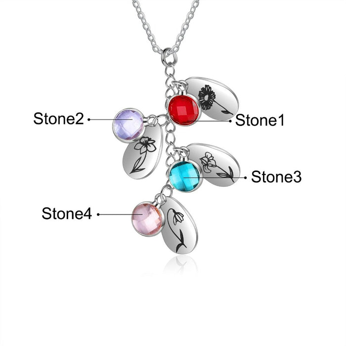 Personalized 4 Birthstones And Flowers Pendant