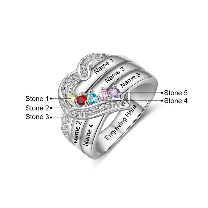 Sterling Silver Personalized 5 Names And Birthstones Engraved Ring