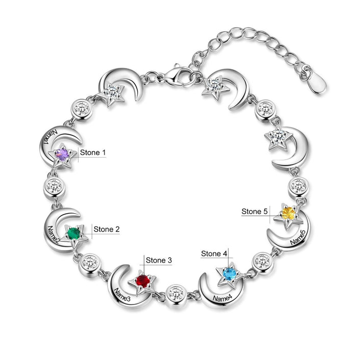 Personalized 5 Birthstone Star Moon Chain Bracelets For Women