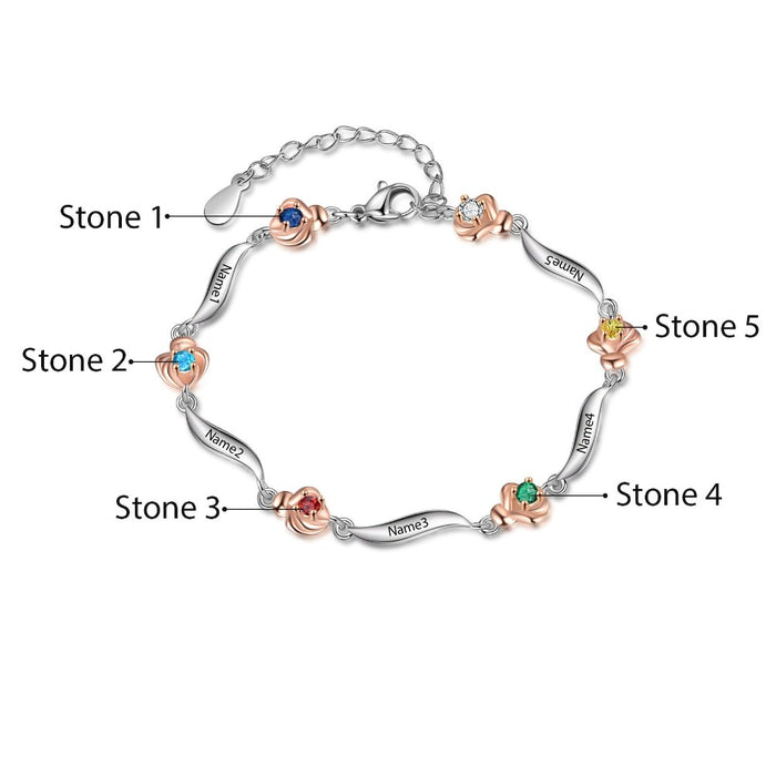 Customized 5 Birthstone Rose Flower Bracelet For Women