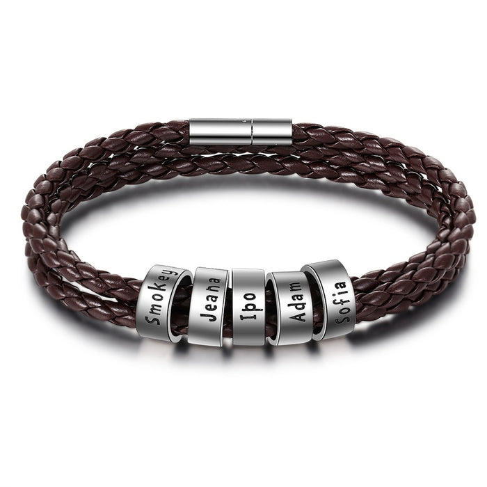 Personalized 5 Names Brown Braided Rope Leather Bracelet