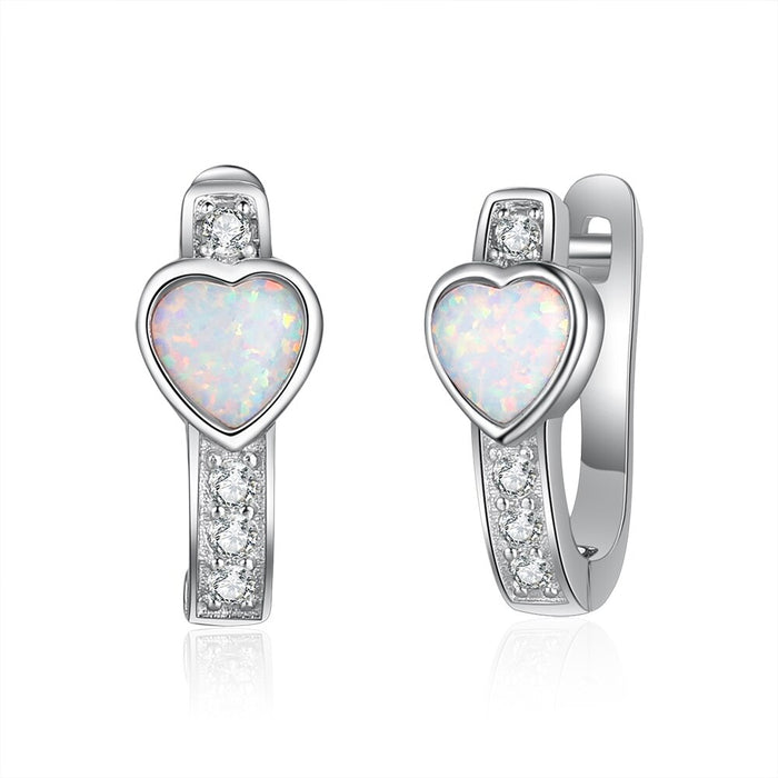 Created White Heart Opal Hoop Earrings