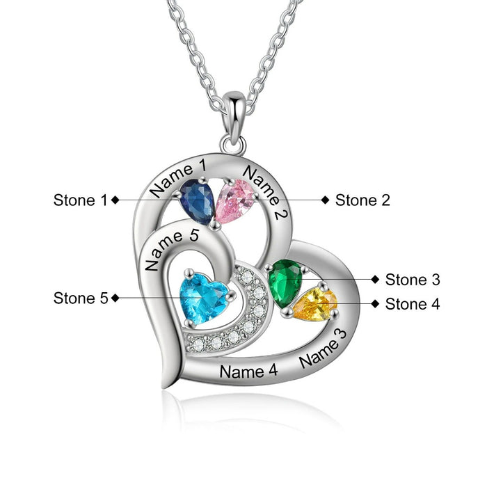 Personalized 5 Names And Birthstones Engraved Heart-Shaped Pendant