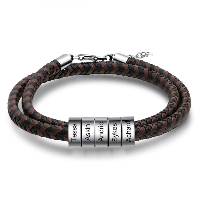 Personalized 5 Names Engraving Braided Leather Bracelet