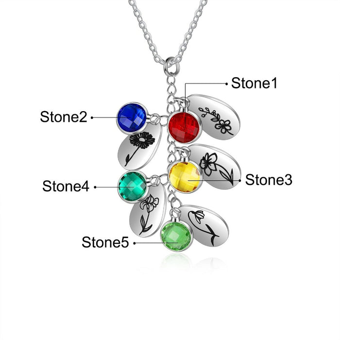 Personalized 5 Birthstones And Flowers Pendant