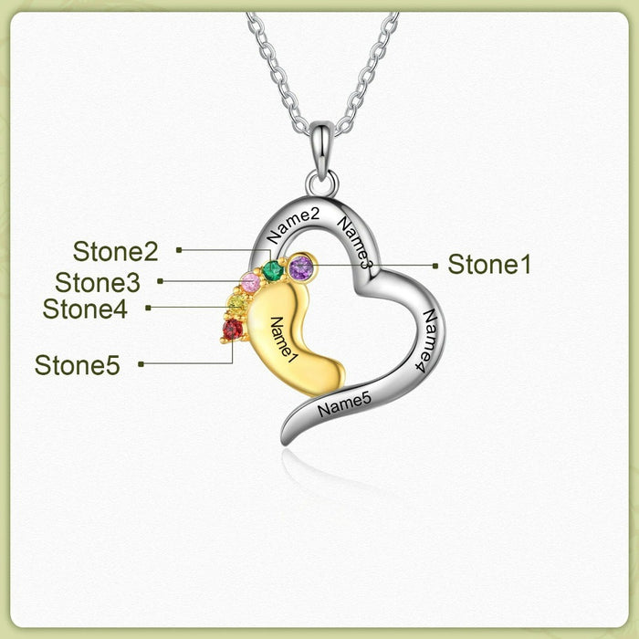 Personalized Baby Feet Heart-Shaped Necklace Of 5 Stones