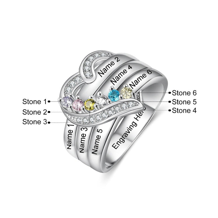 Sterling Silver Personalized 6 Names And Birthstones Engraved Ring