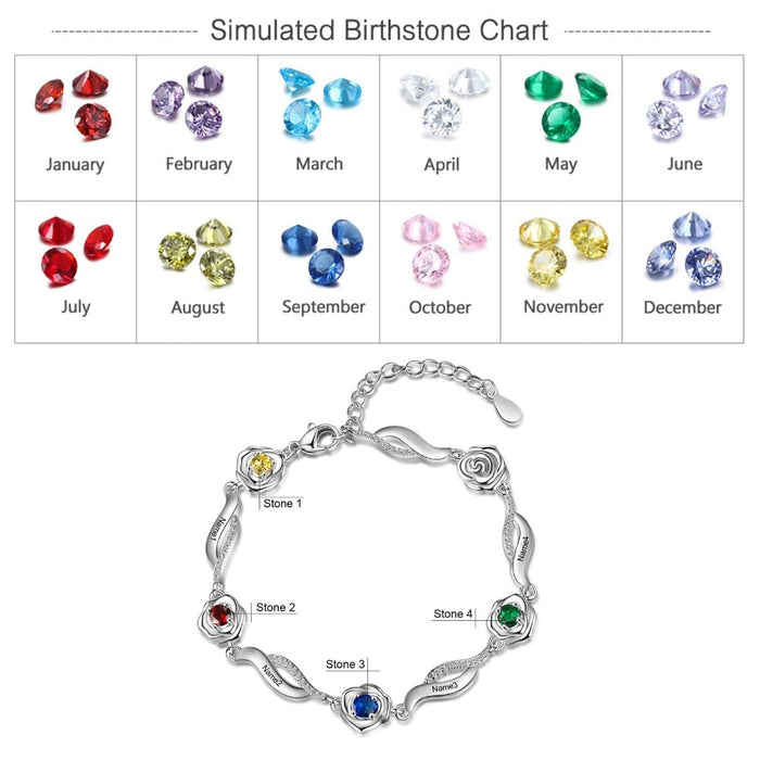 Personalized 4 Names And Birthstones Rose Flower Bracelets