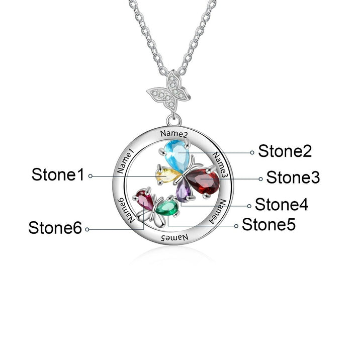 Personalized 6 Names And Stones Engraved Butterfly Necklace
