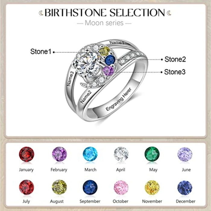 Personalized 3 Names And Birthstones Moon Rings
