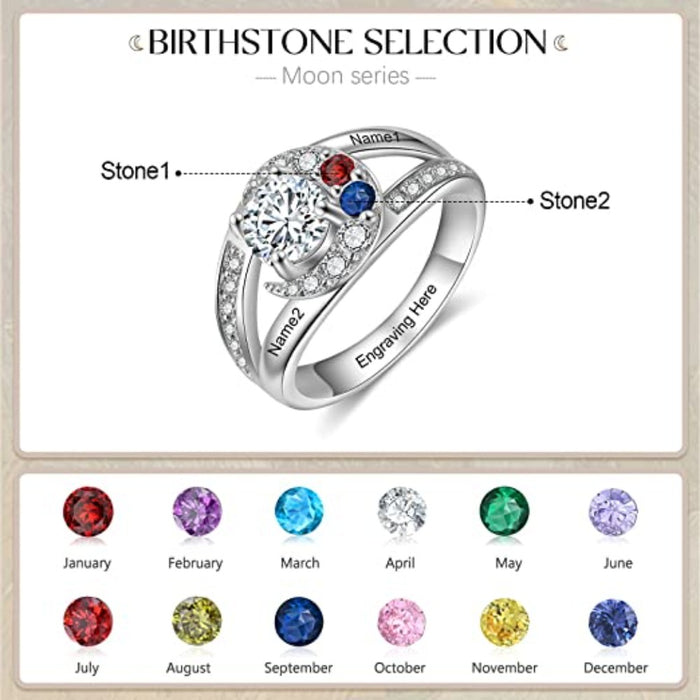Personalized 2 Names And Birthstones Moon Rings