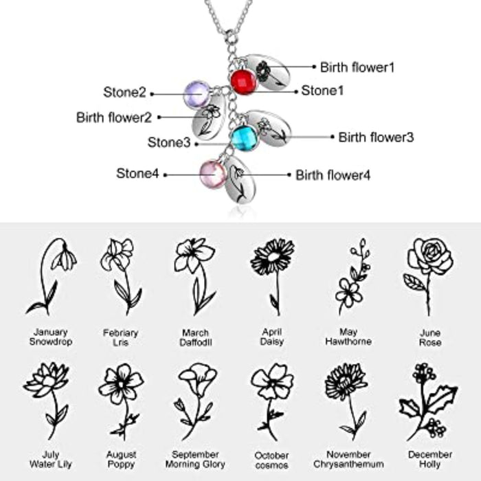 Personalized 4 Birthstones And Flowers Pendant