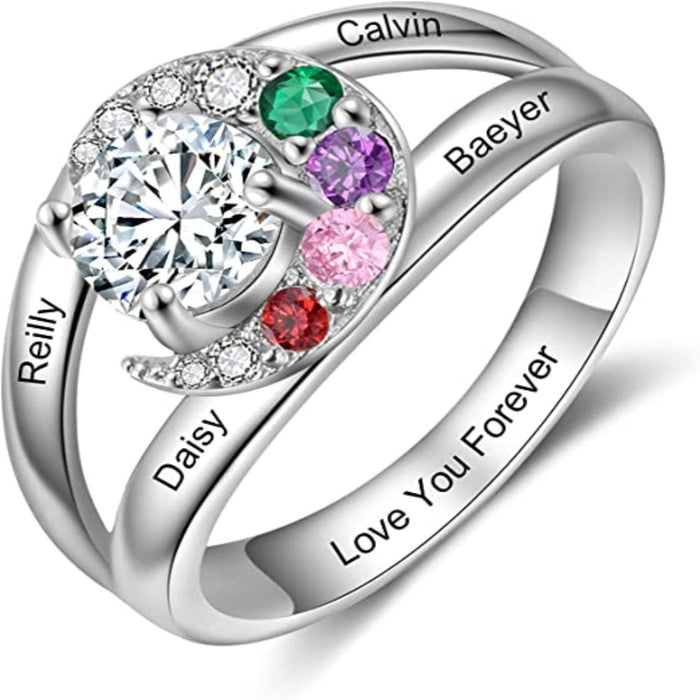 Personalized 4 Names And Birthstones Moon Rings