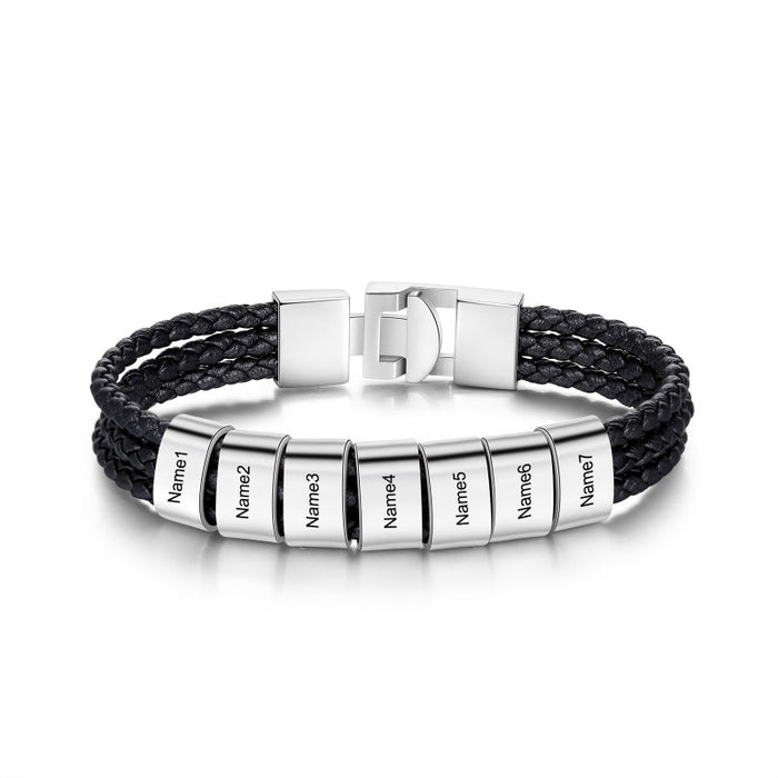 Personalized Engraved 7 Names Leather Beads Bracelet