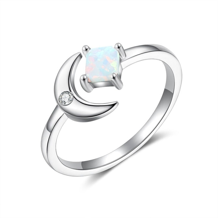 Sterling Silver Square White Opal Moon Rings