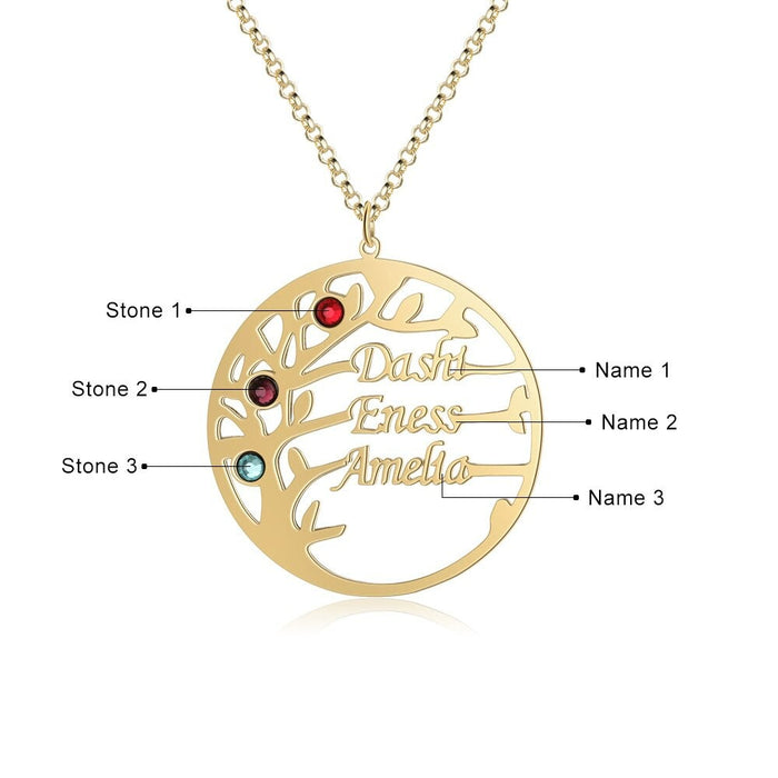 Personalized 3 Names And Stones Family Tree Necklace