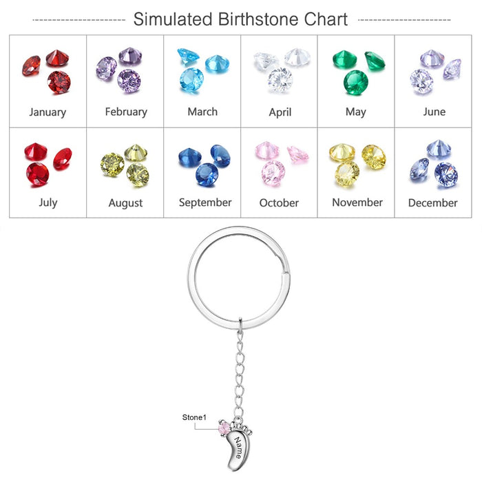 Personalized 1 Name And Birthstone Engraved Baby Foot Keychains