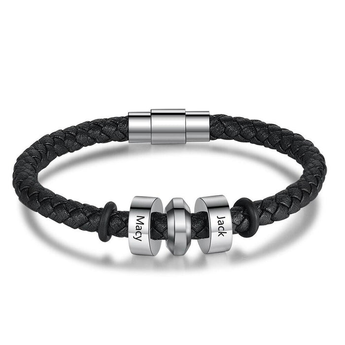 Personalized 2 Names Stainless Steel Black Leather Bracelets