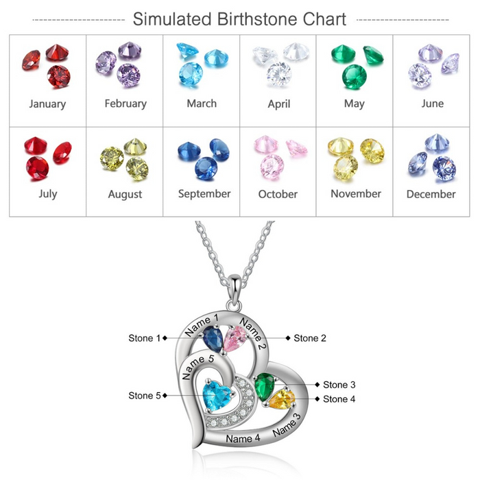 5 Names And 5 Stones Engraving Heart-Shaped Pendant
