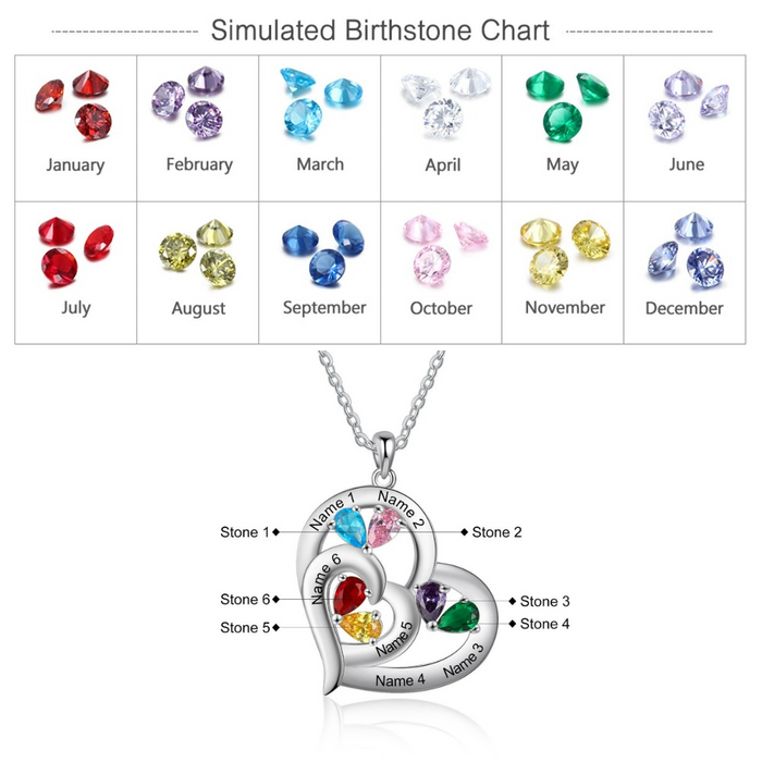 6 Names And 6 Stones Engraving Heart-Shaped Pendant