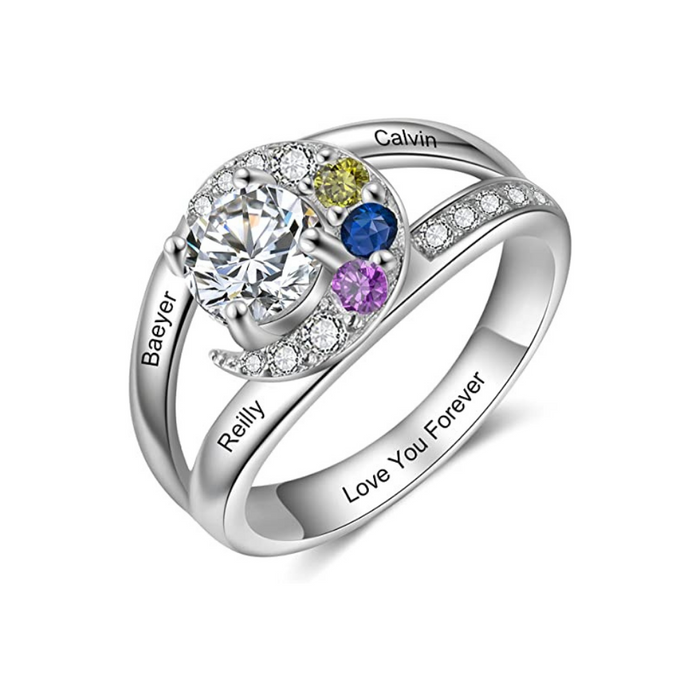 Personalized 3 Names And Birthstones Moon Rings