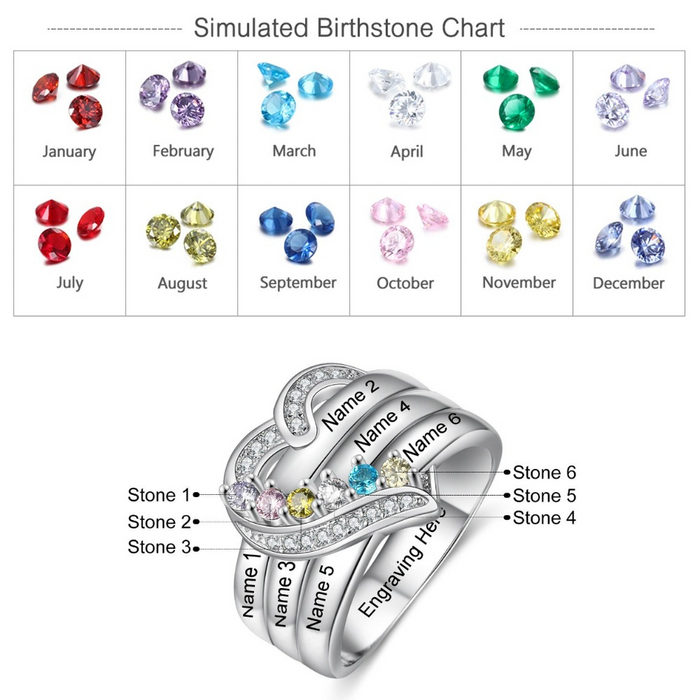 Sterling Silver Personalized 6 Names And Birthstones Engraved Ring