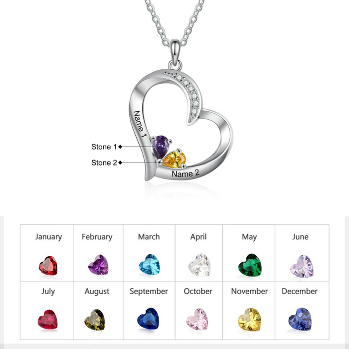Personalized 2 Names And Birthstones Engraved Heart-Shaped Pendant