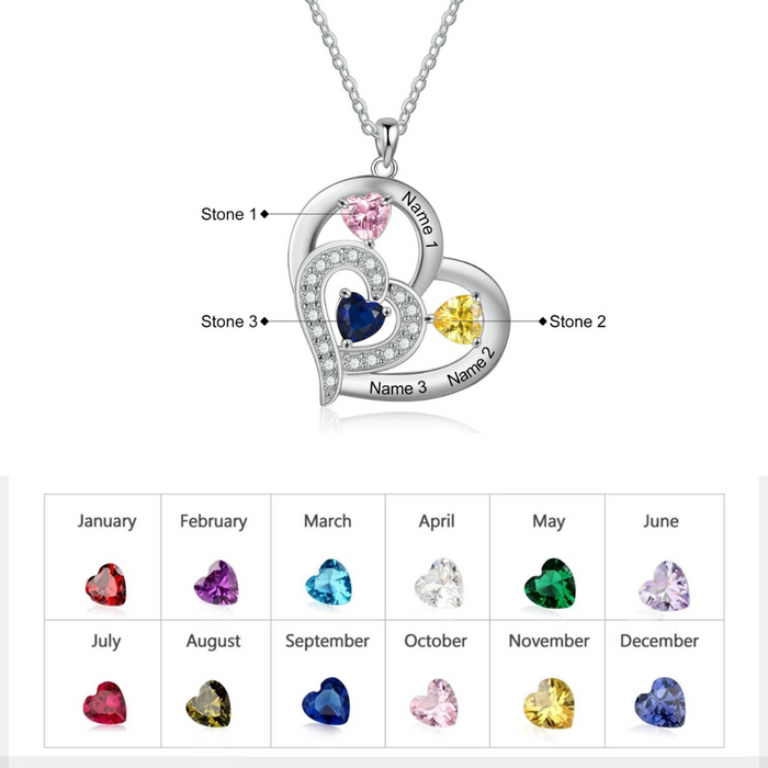 Personalized 3 Names And Birthstones Engraved Heart-Shaped Pendant