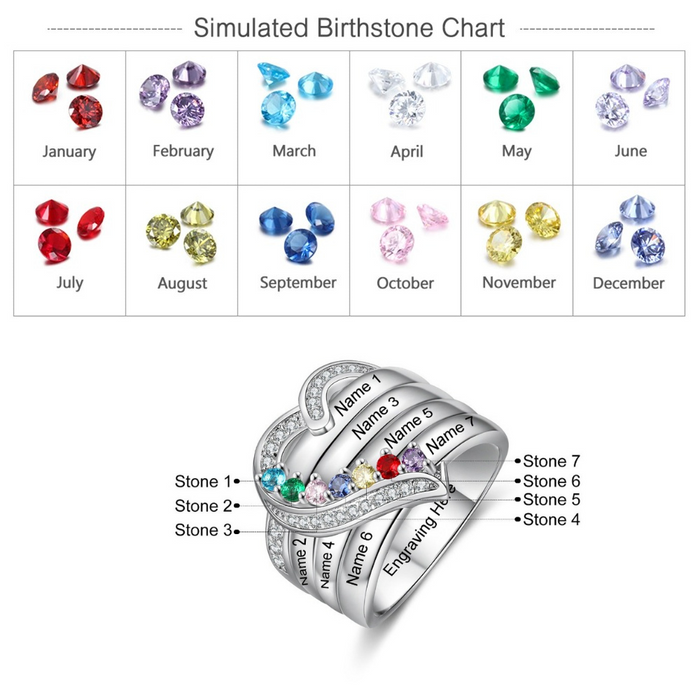 Sterling Silver Personalized 7 Names And Birthstones Engraved Ring