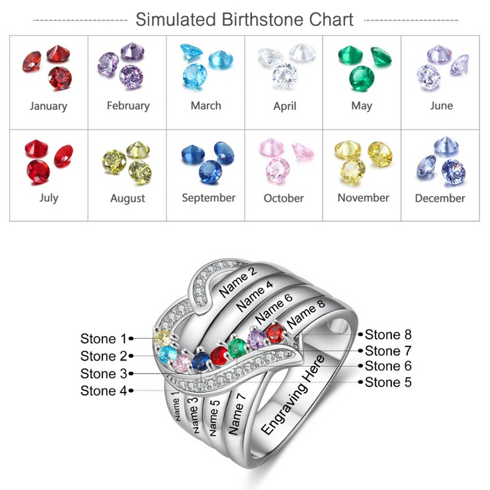 Sterling Silver Personalized 8 Names And Birthstones Engraved Ring