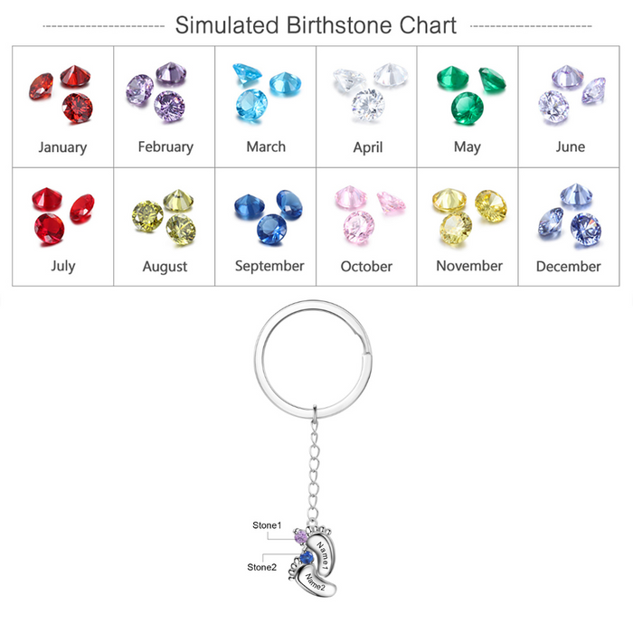 Personalized 2 Names And Birthstones Engraved Baby Foot Keychains