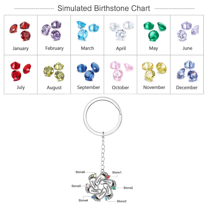 Personalized 6 Names And Birthstones Engraved Baby Foot Keychains