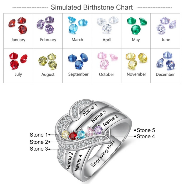 Sterling Silver Personalized 5 Names And Birthstones Engraved Ring