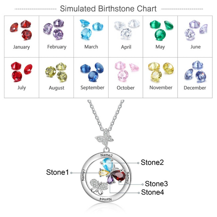 Personalized 4 Names And Stones Engraved Butterfly Necklace