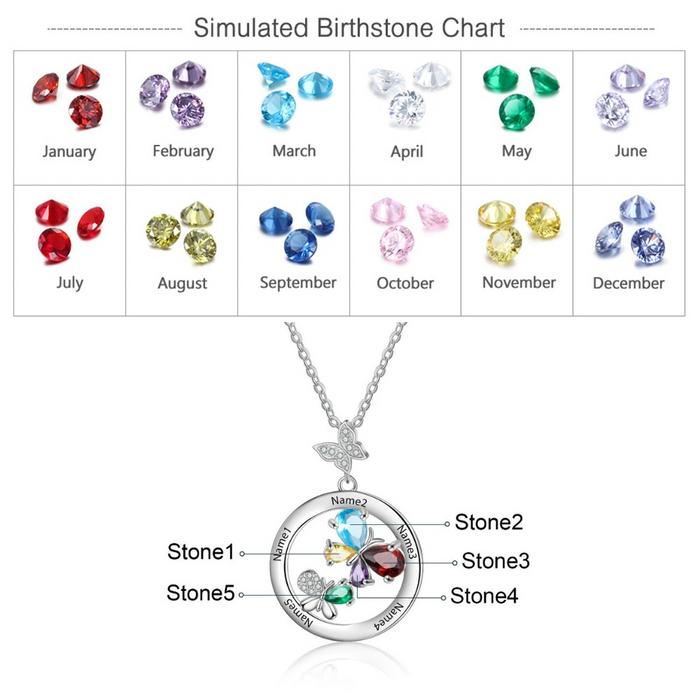Personalized 5 Names And Stones Engraved Butterfly Necklace