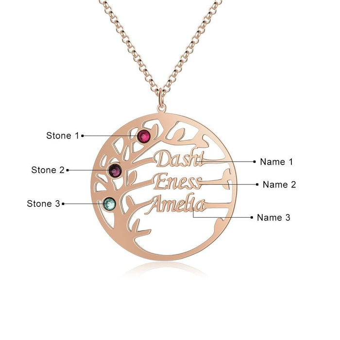 Personalized 3 Names And Stones Family Tree Necklace