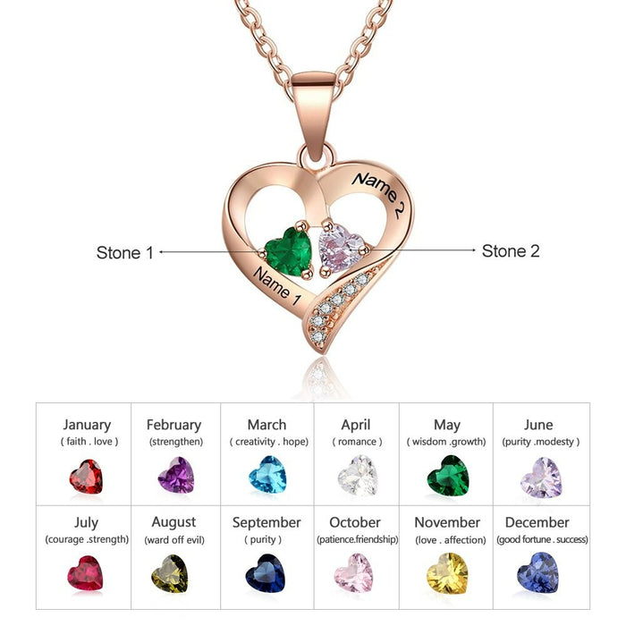 Personalized Classic 2 Names And Birthstones Heart-Shaped Necklace