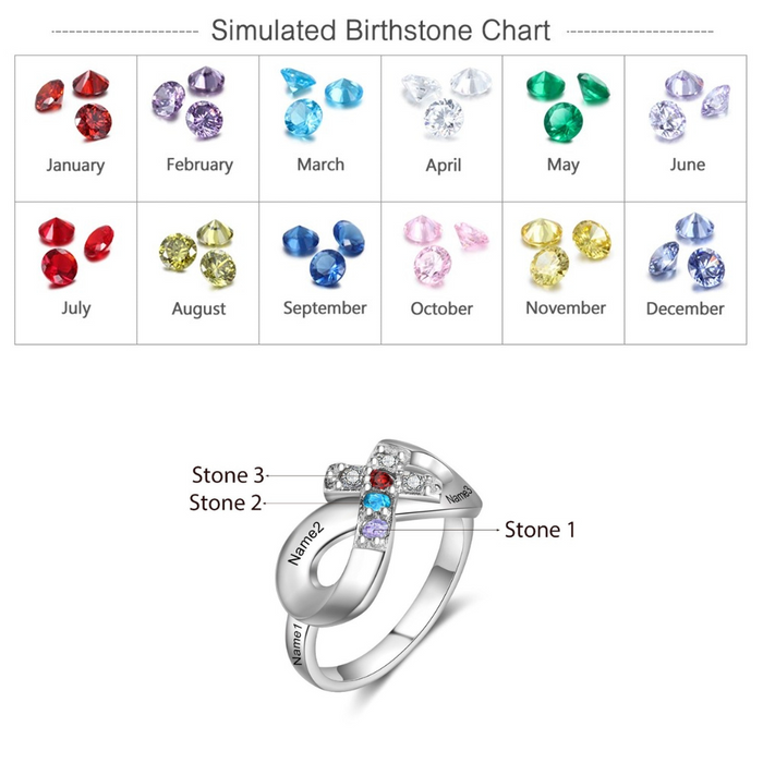Infinity & Cross Customized 3 Names And Birthstones Ring for Women